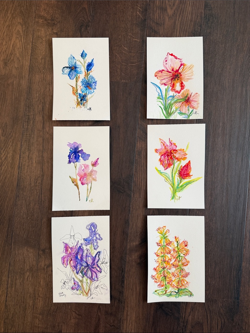 Set of 6 - Original Mixed Media Floral Art Pieces (Iris, Foxglove, etc)